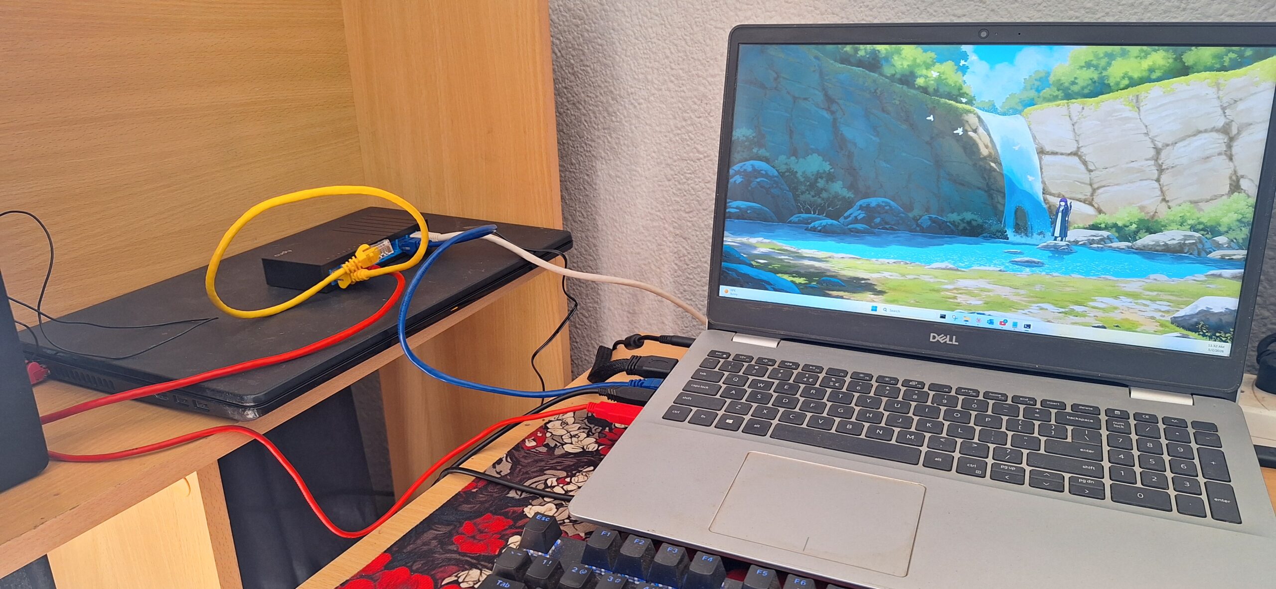 Ginrou laptop connected via ethernet to the Cudy switch, coloured cables visible